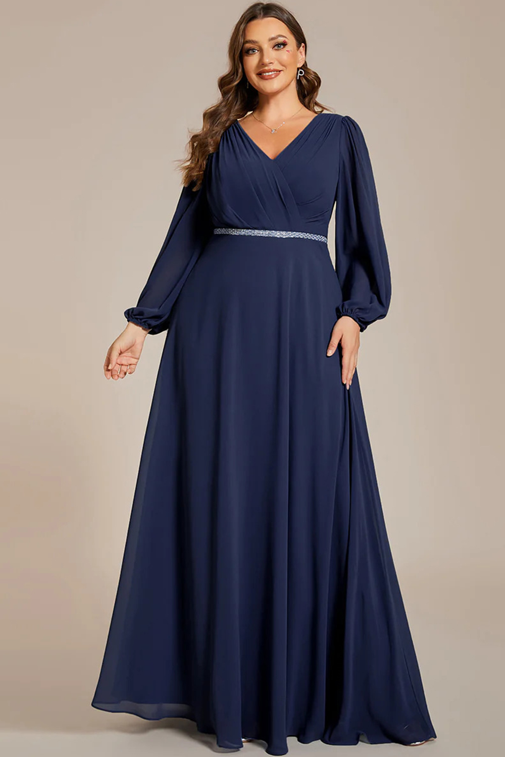 Plus Size Wedding Guest Navy Blue Chiffon Wrap Long Sleeve Maxi Dress 2024 - Flycurvy 
