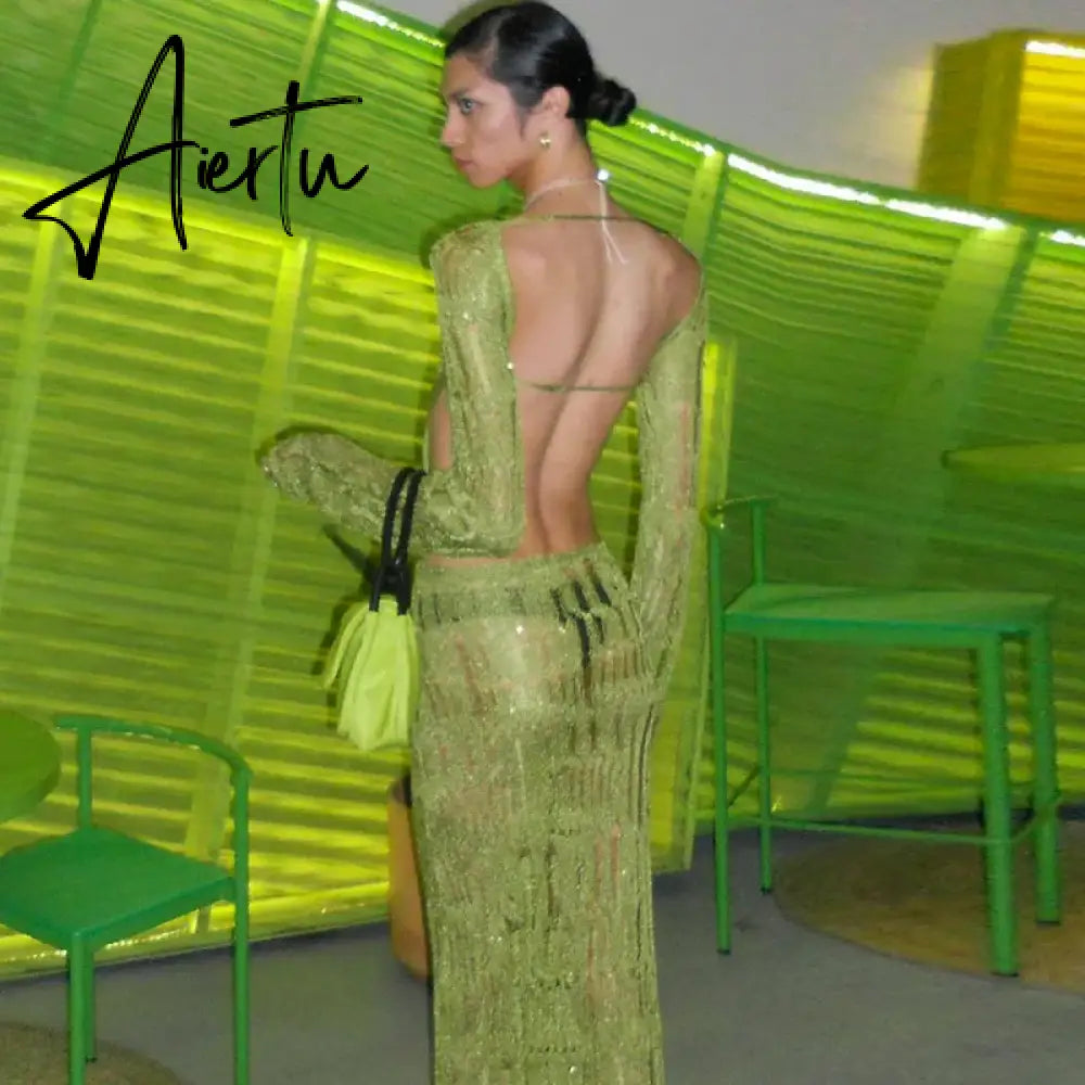 Hollow Out Knitted Open Back Maxi Dresses Party Club Rave Festival Outfits Women Elegant Long Sleeve Sheer Dresses Aiertu