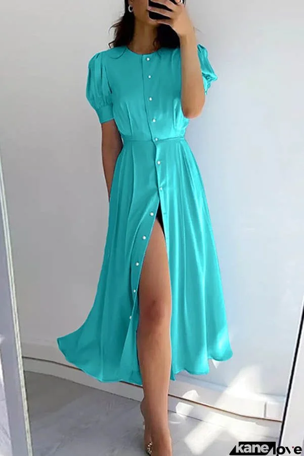 Chic and Classy Vibe Puff Sleeve Pearl Button Slit Midi Dress