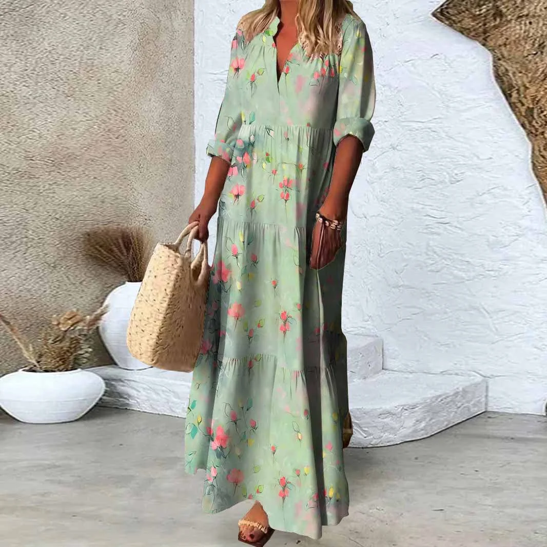 Women Floral, Green DZDN0339 SPU Printed Long Sleeve V-neck Maxi Dress