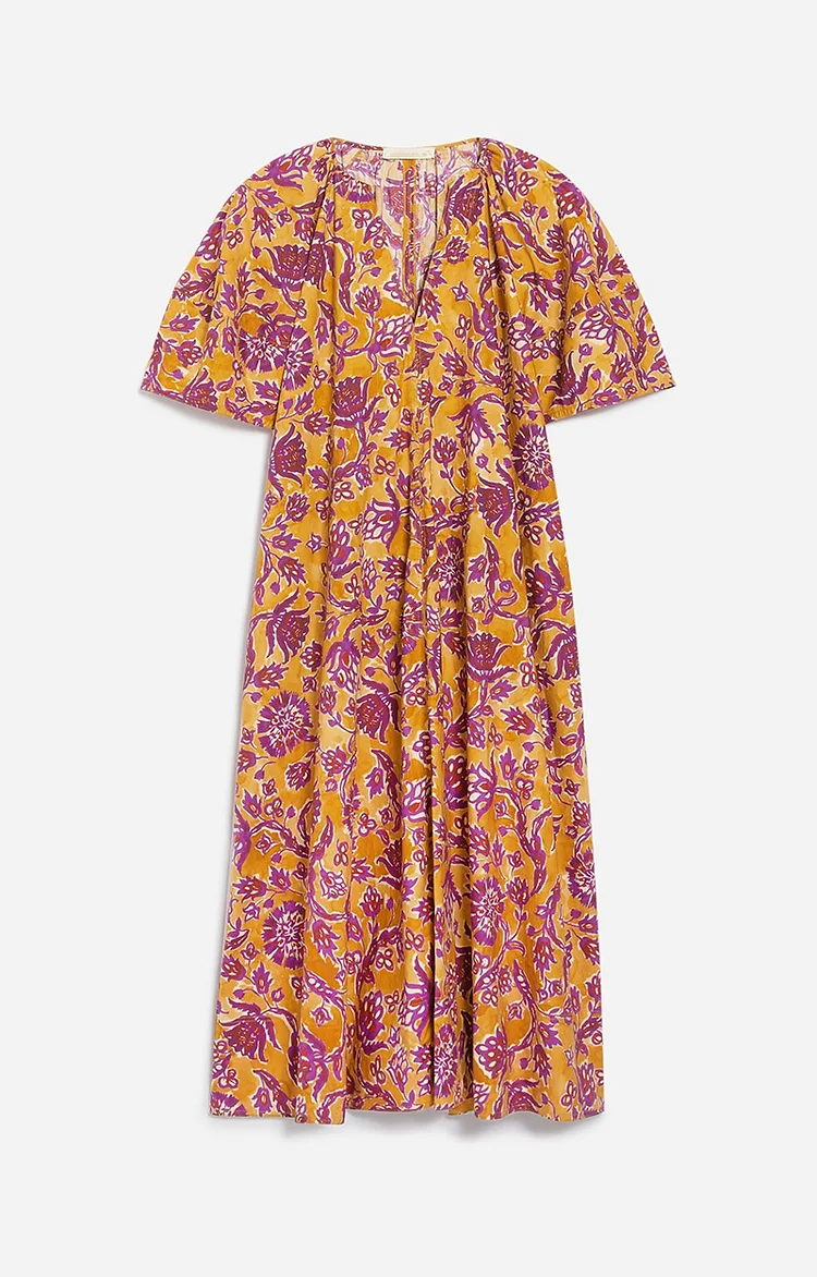 Vintage Printed Puff Sleeve Midi Dress