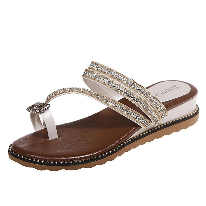 Qengg Wedges Sandals Women Rhinestones Female Flip Flops Summer Modis Leather Crystal Slippers Ladies Babouche Bling Shoes