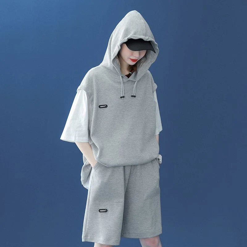 Solid Women Hooded Top Shorts Matching Sets Summer Casual Loose Sportswear Female False Two Clothes Suit Patchwork Hoodie Outfit