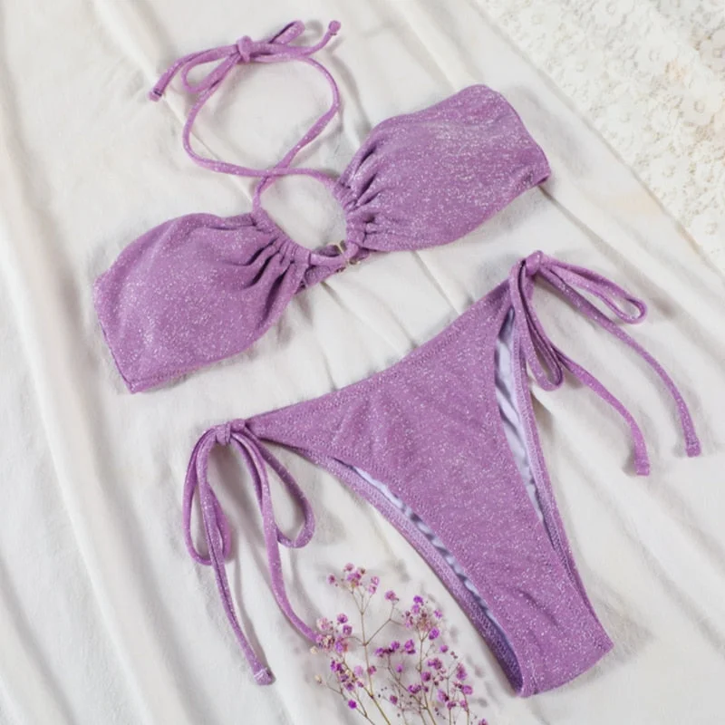 Micro Thong Shiny Swimsuit Purple Color Swimwear Women Beachwear Bandage Bikini Set Sexy Bathing Suit Halter Swimsuits Brazilian
