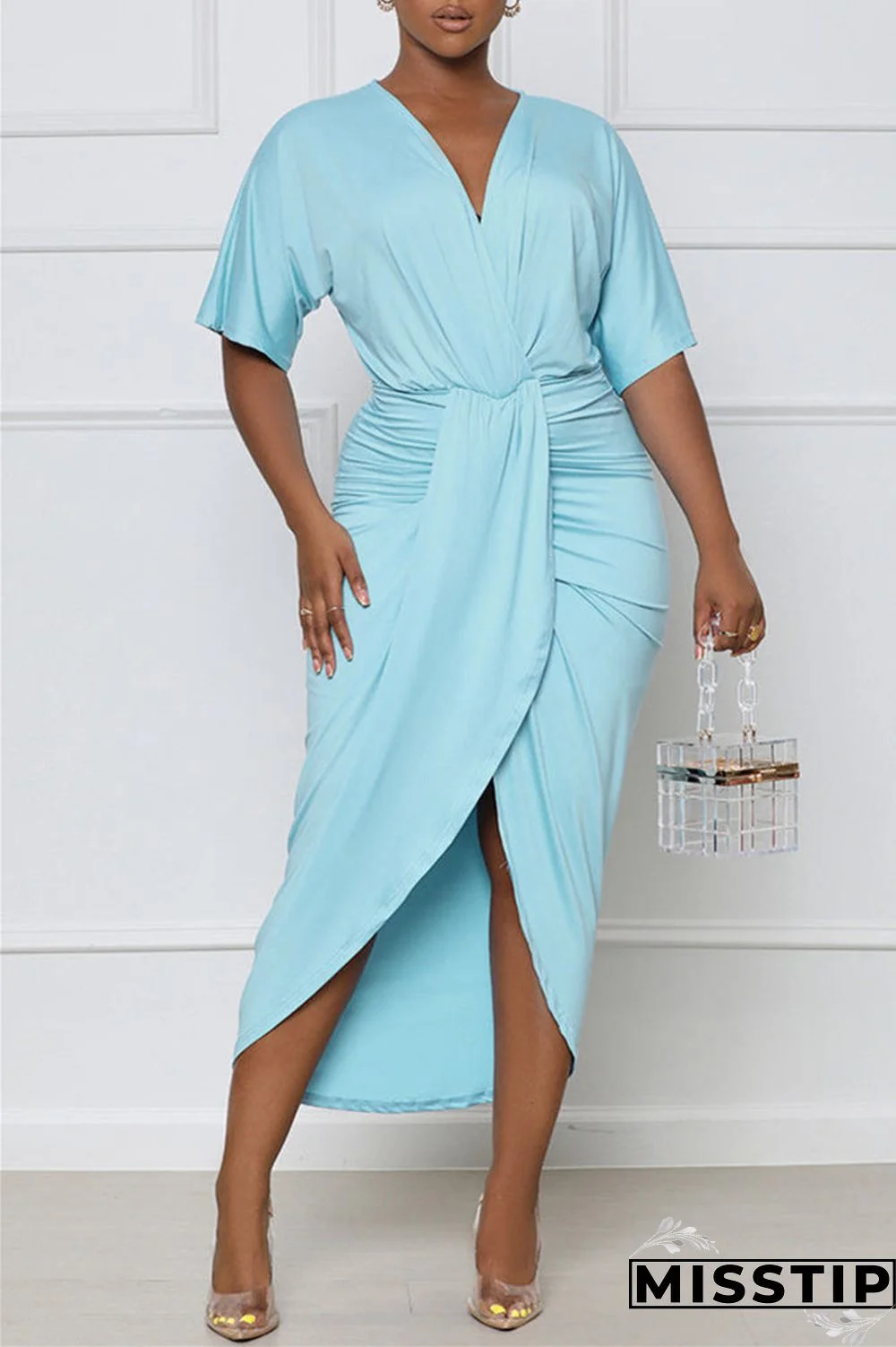 Blue Fashion Casual Solid Patchwork V Neck Short Sleeve Dress