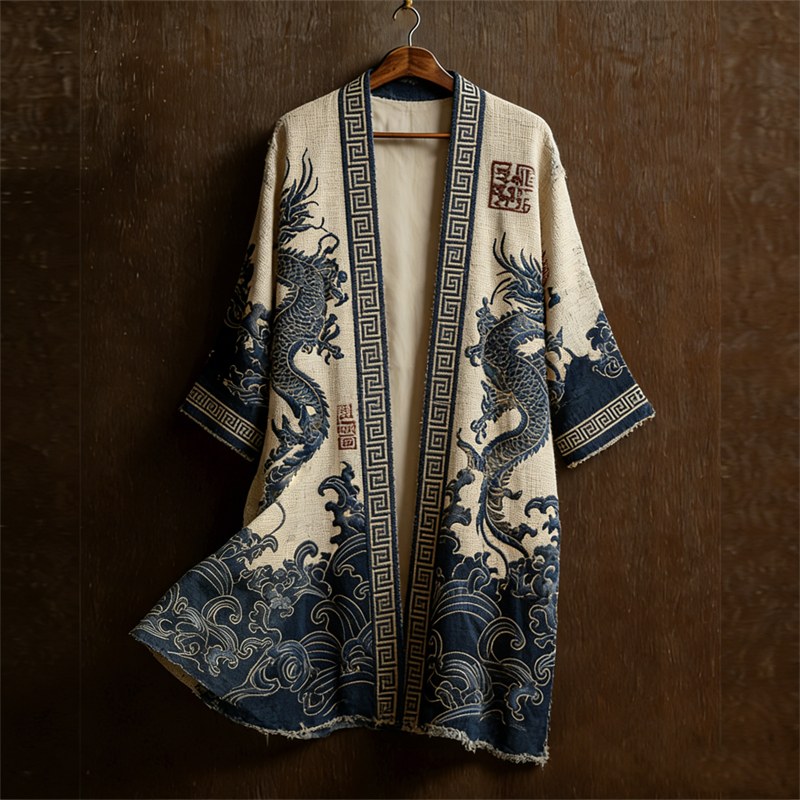 Japanese Dragons Sea Waves Art Linen Long Kimono elevenforest