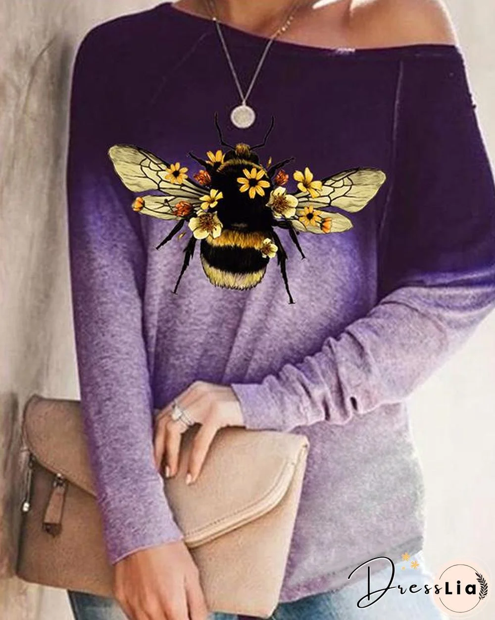 Autumn Ombre Bee Print Long Sleeve Loose T-Shirt