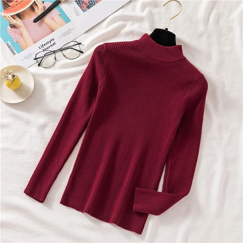 Zoki Autumn Women Pullover Sweater Half Turtleneck Long Sleeve Knitted Jumper Winter Elastic Solid Basic Ladies Blouse New 2021