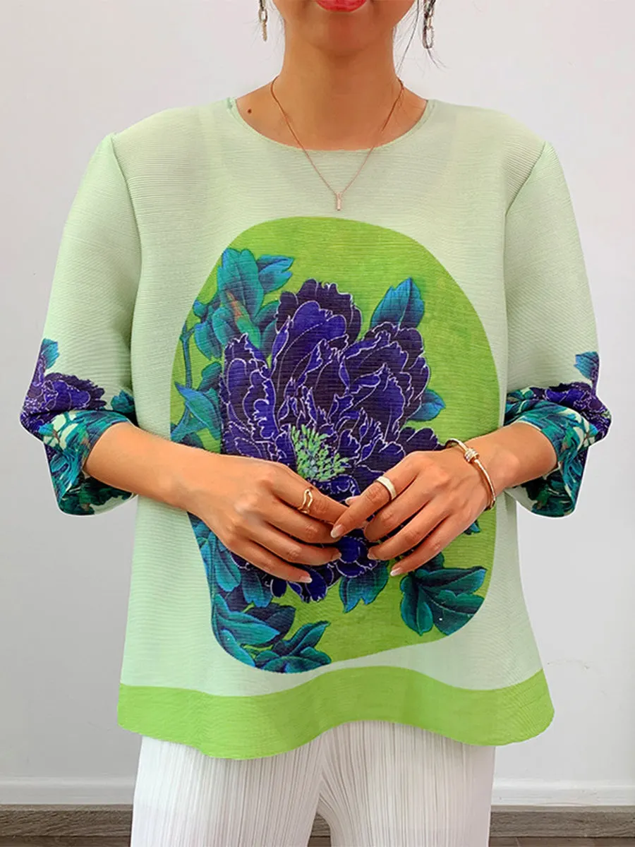 Pleated Printed Round Neck Half Sleeve T-Shirt