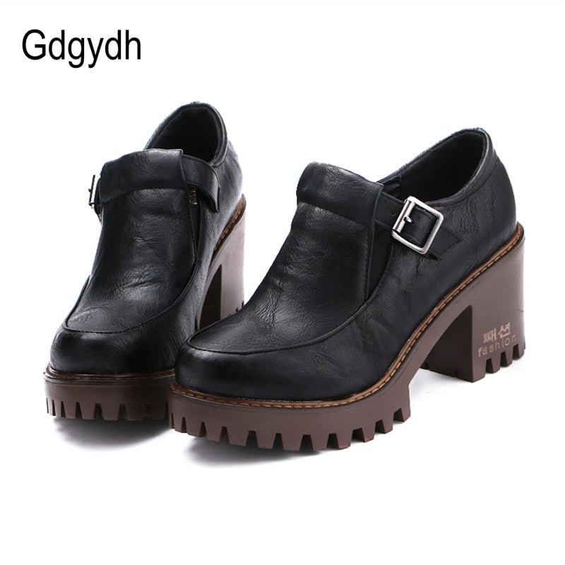 Gdgydh New 2021 Spring Platform Women Shoes On Heels British Style Single Shoes Round Toe Square Heels Ladies Pumps Large Size