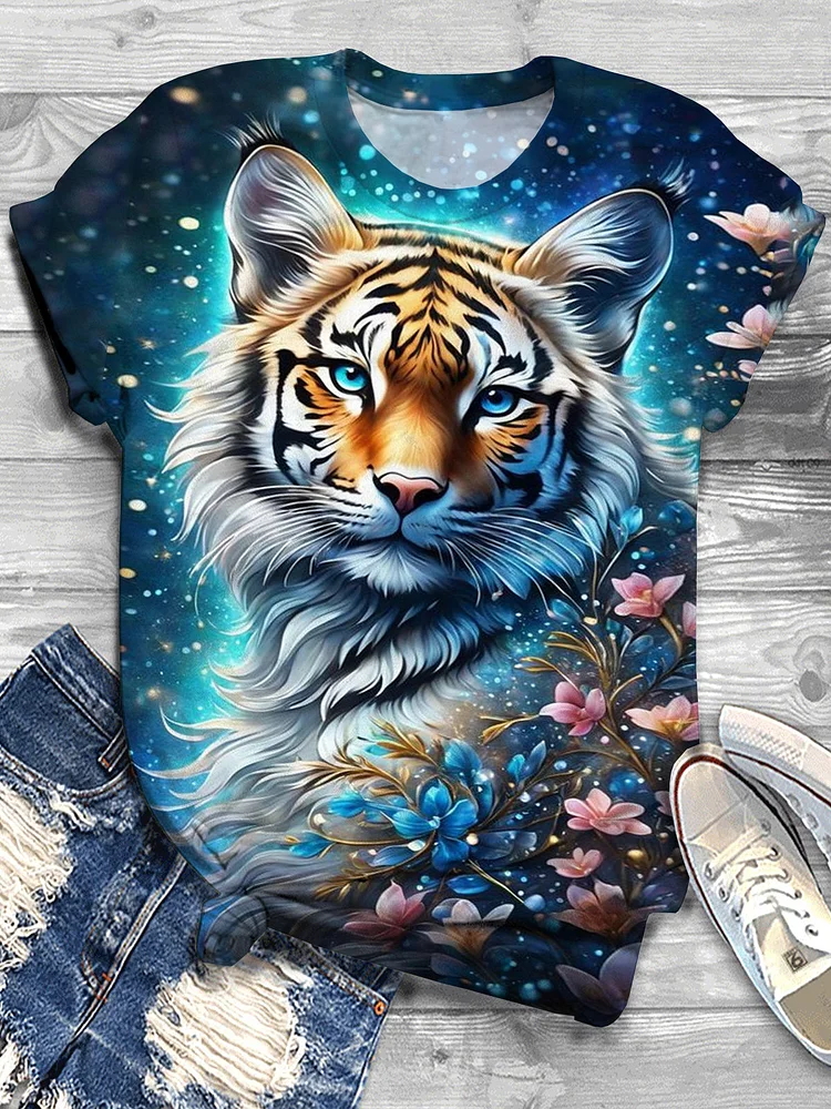 Floral Tiger Print Crew Neck T-shirt socialshop