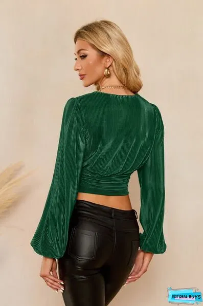 Drawstring V-Neck Balloon Sleeve Blouse
