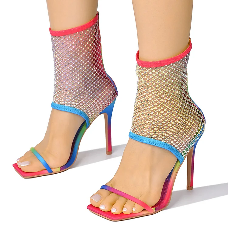 Gradient Square Toe Stiletto Heels Net Party Sandals Vdcoo