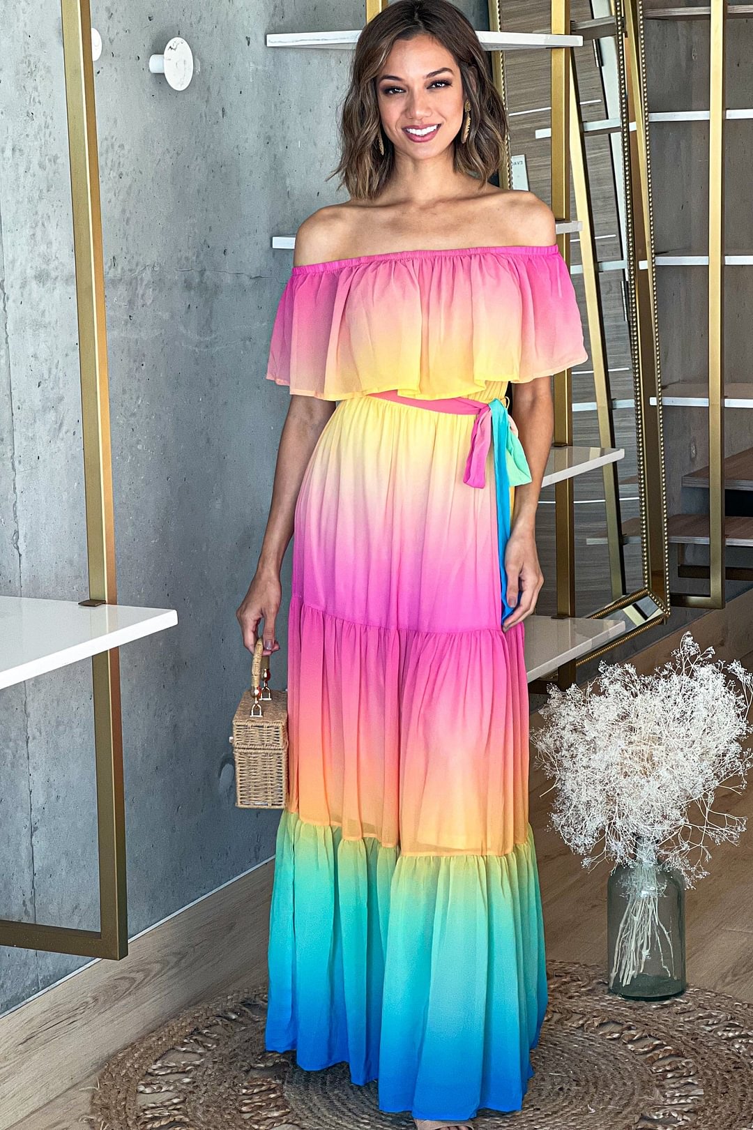 Pink And Yellow Multi Color Off Shoulder Maxi Dress