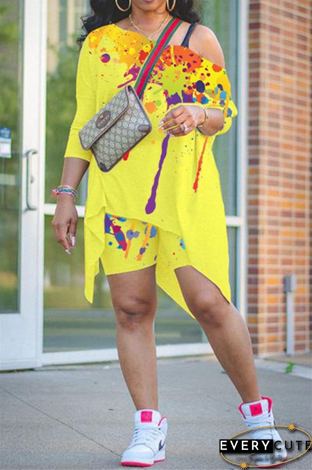 Fashion Print Asymmetrical Oblique Collar Shorts Set