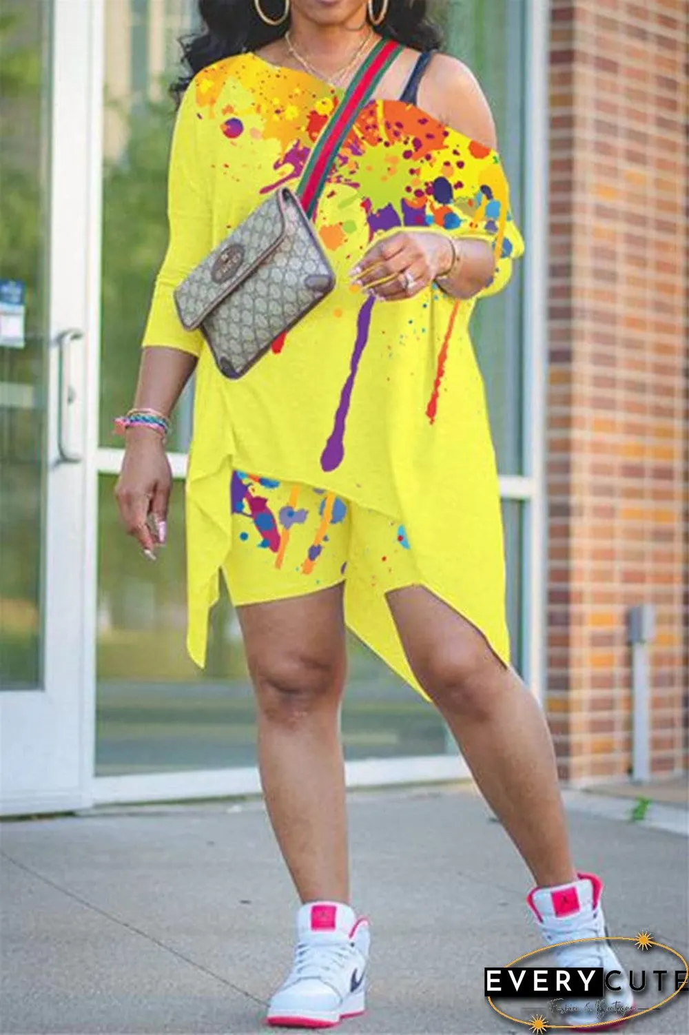 Fashion Print Asymmetrical Oblique Collar Shorts Set