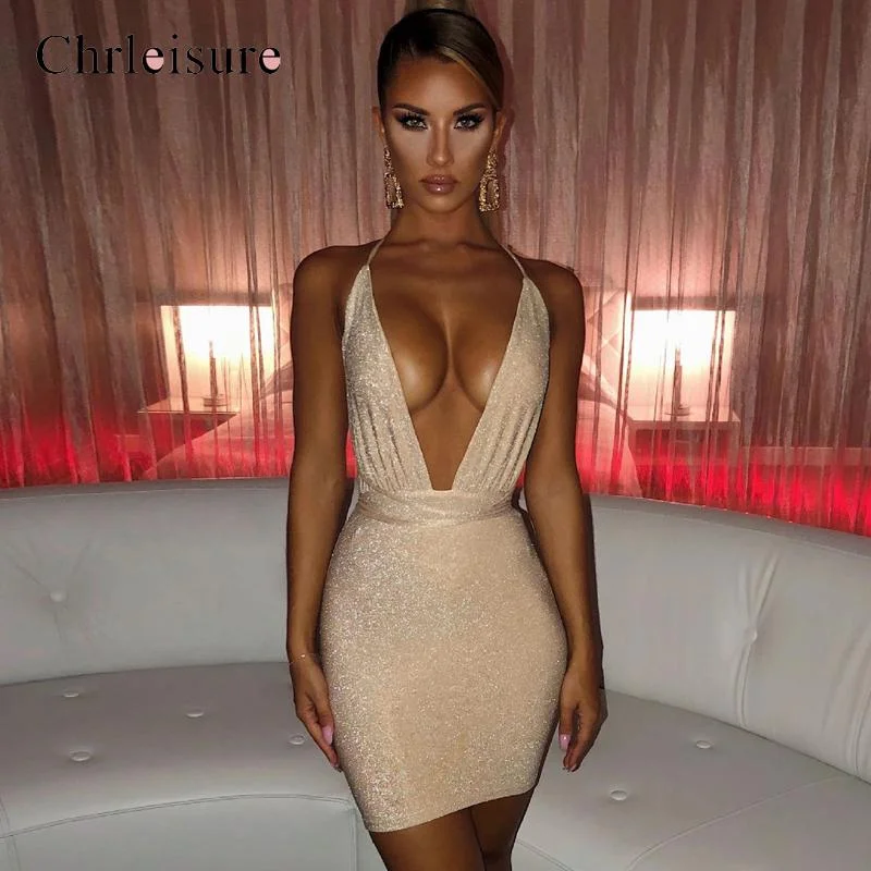 Sexy Backless Glitter Dress Women  Deep V Bodycon Mini Dresses 2020 Summer Night Club Party dress