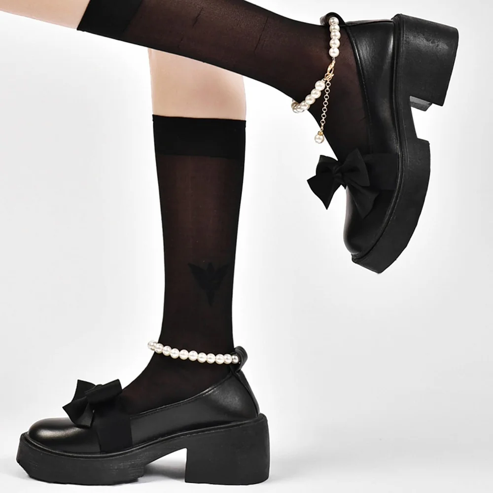 Black Bow Decorated Pearl Buckle Loafers