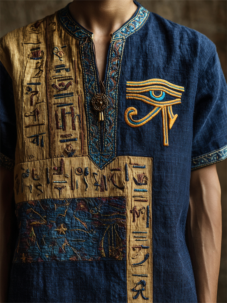 Men's Eye Of Horus Ancient Egyptian Embroidered Patchwork Linen Shirt