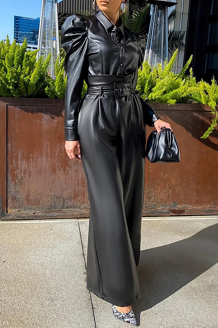 Plus Size Business Casual Pant Set Black Puff Sleeve Long Sleeve PU Leather Wide Leg Two Piece Pant Set [Pre-Order]
