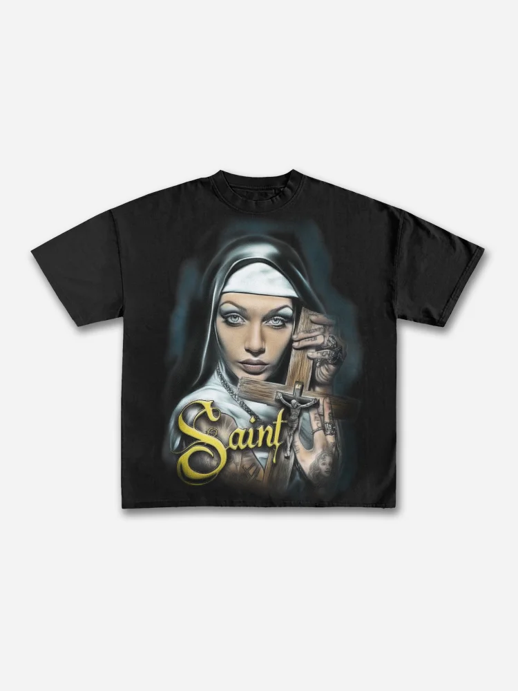 God's Instructions Tattoo Gothic Nun Graphic Cotton T-shirt