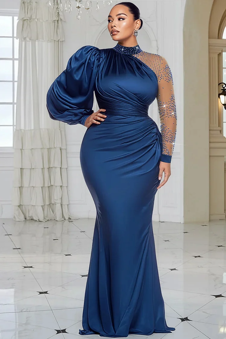 Xpluswear Design Plus Size Formal Blue Mock Neck Lantern Sleeve Long Sleeve Drilling Elegant See Through Tulle Satin Maxi Dresses 2024 - Xpluswear
