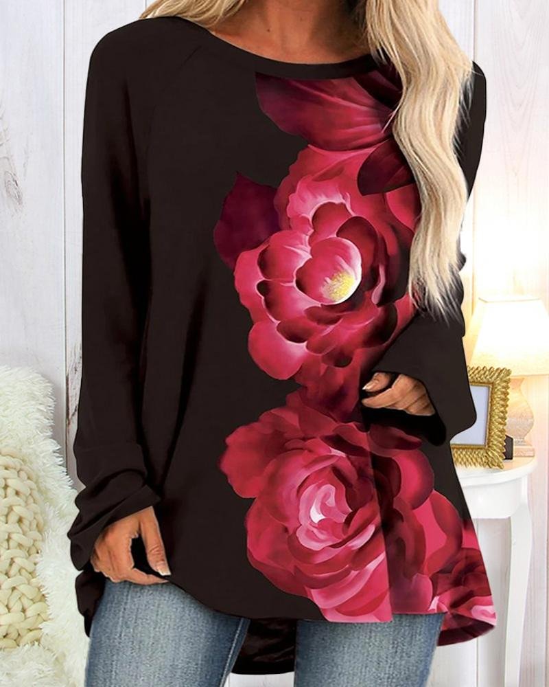 Round Neck Casual Rose Pattern Top