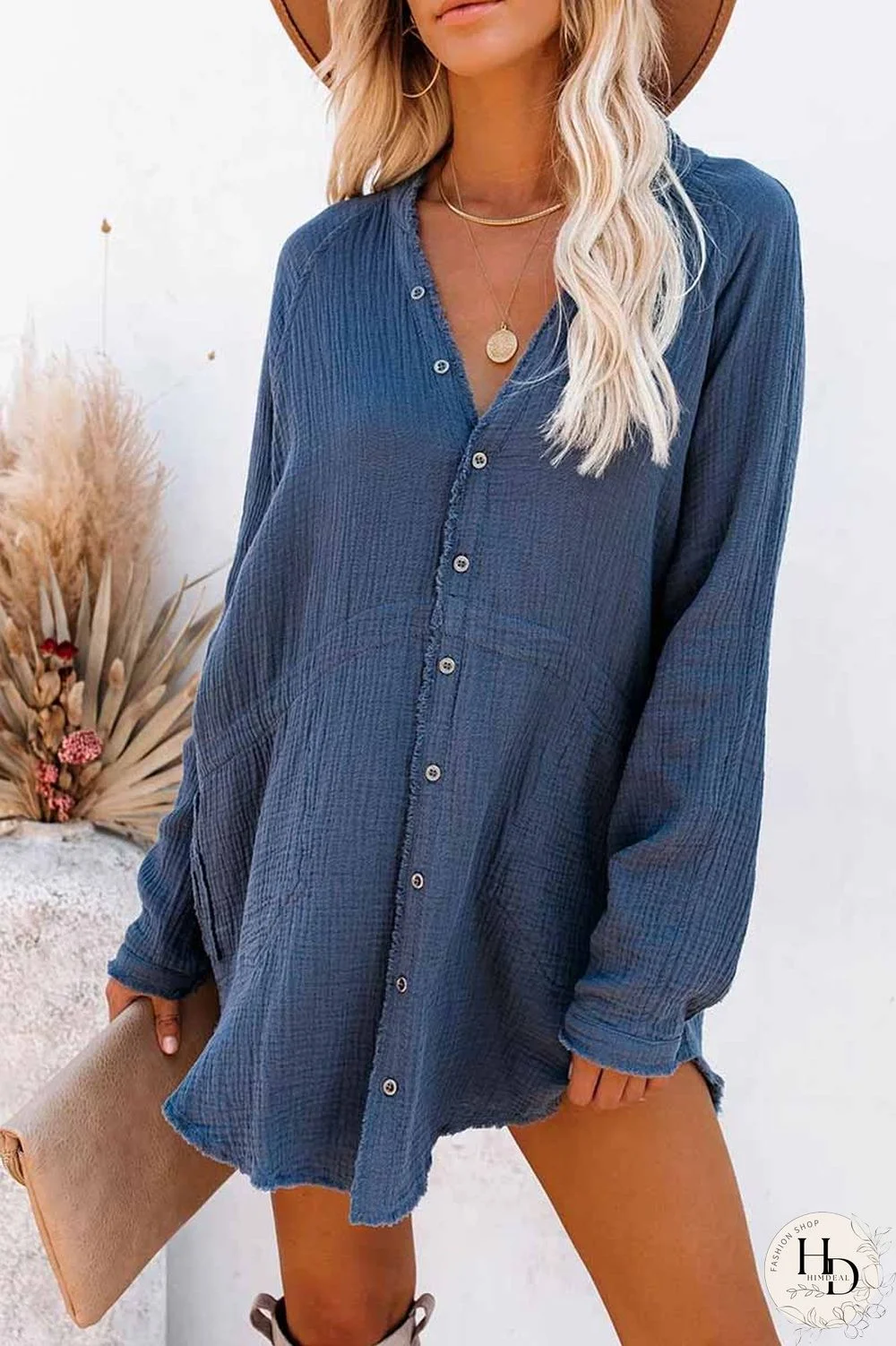 Seersucker Fringed Long Sleeves Mini Dresses