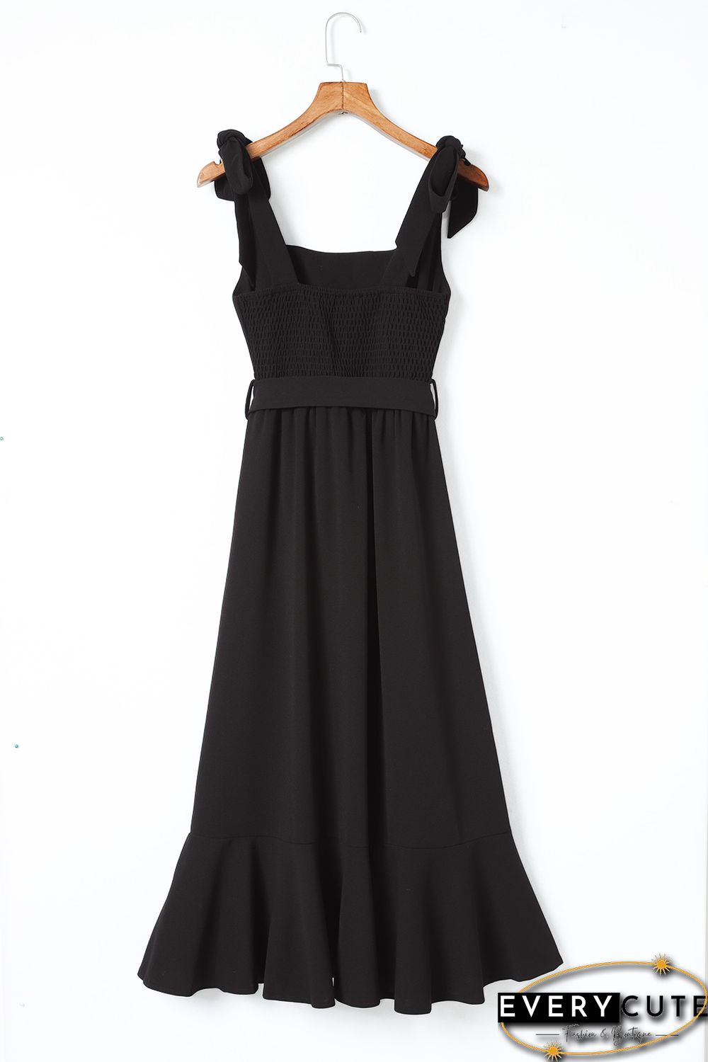 Black Tie Shoulder Smocked Back Side Slit Maxi Dress