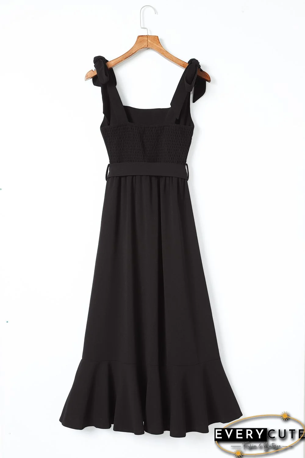 Black Tie Shoulder Smocked Back Side Slit Maxi Dress