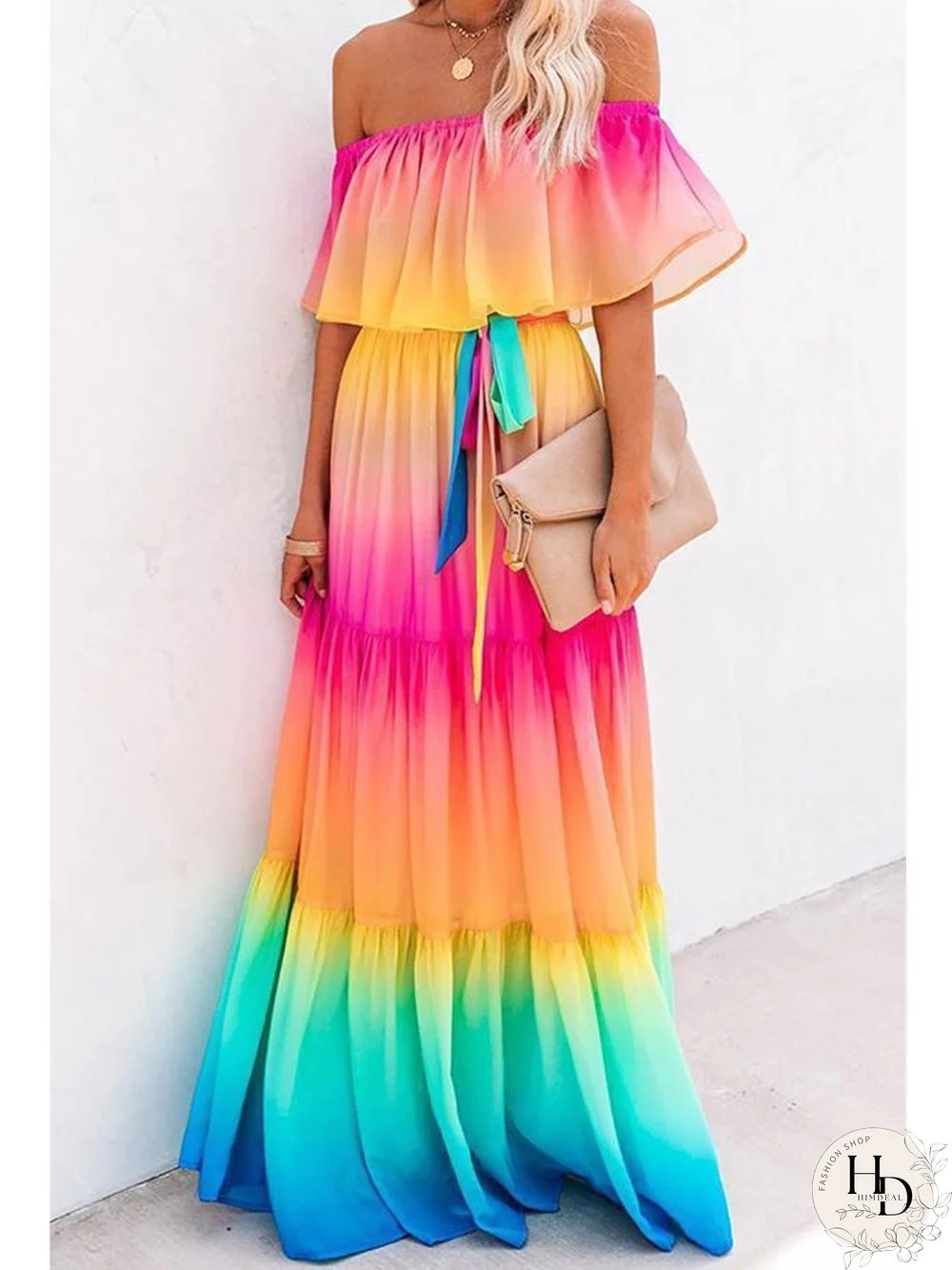 Elegant Off Shoulder Rainbow Maxi Dress P11387