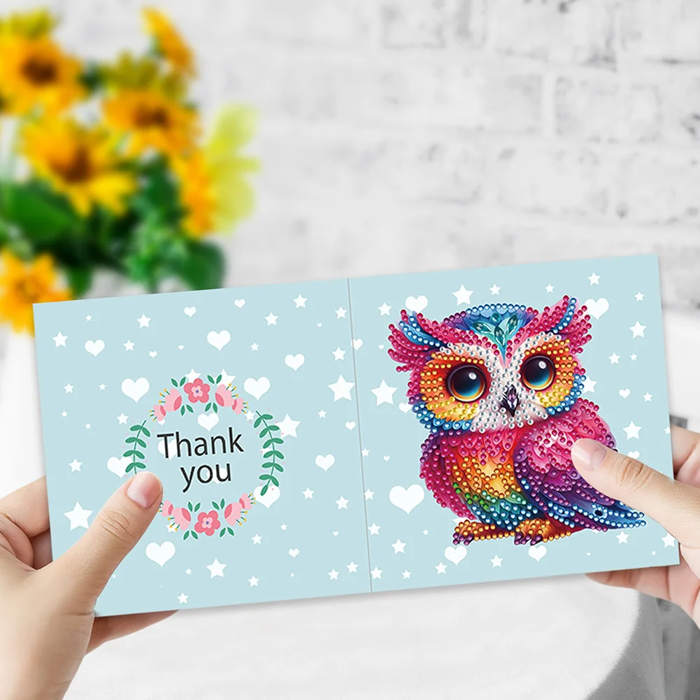 6Pcs Owl DIY Diamond Painting Greeting Card 5D Drill Painting Blessing Card Kit【With White Envelope】