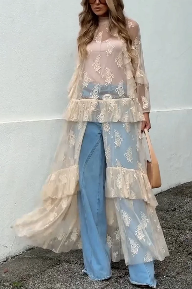 Women's casual lace see-through long T-shirts