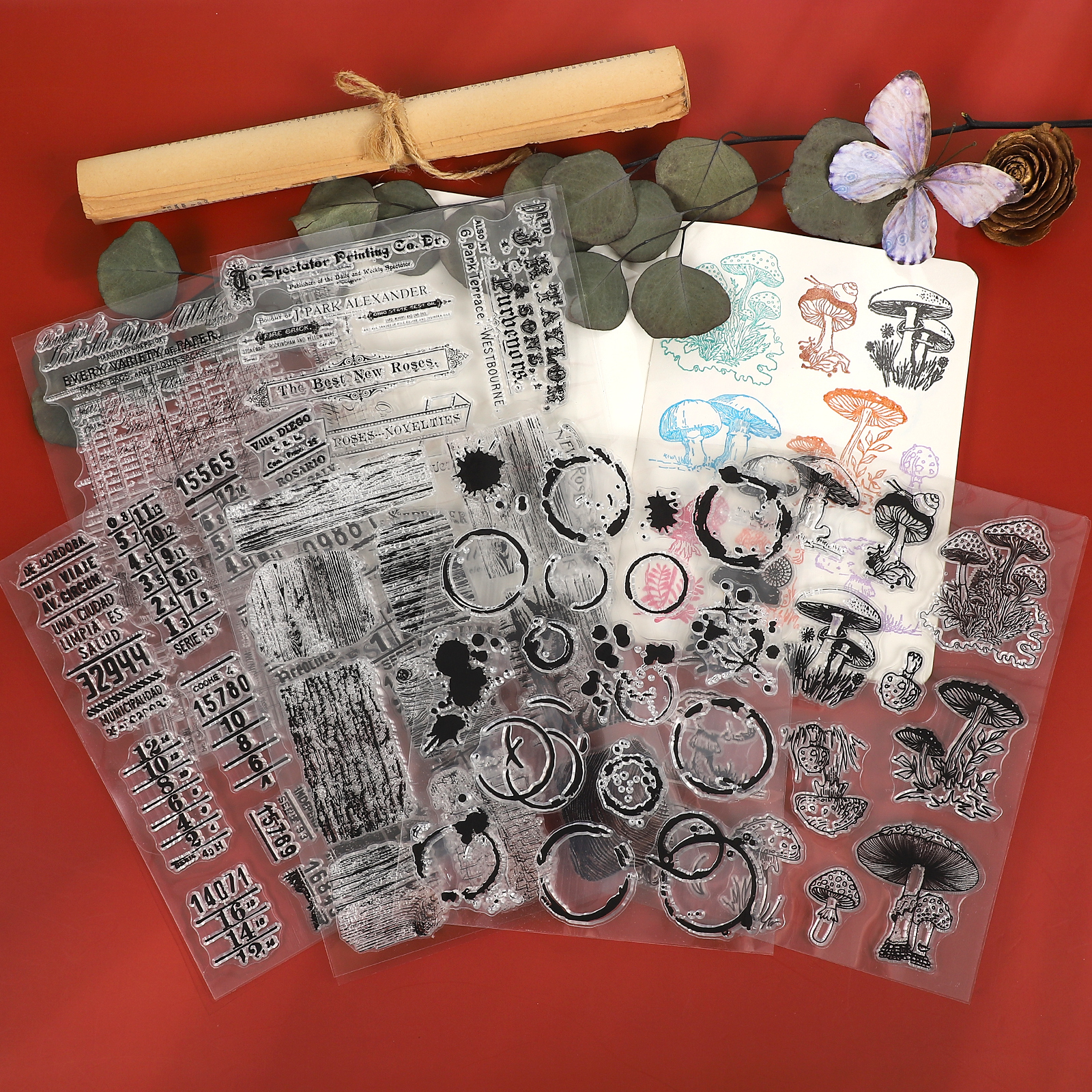 실리콘 스탬프 - 빈티지 버섯 디지털 워터마크 영어 나무 패턴 투명