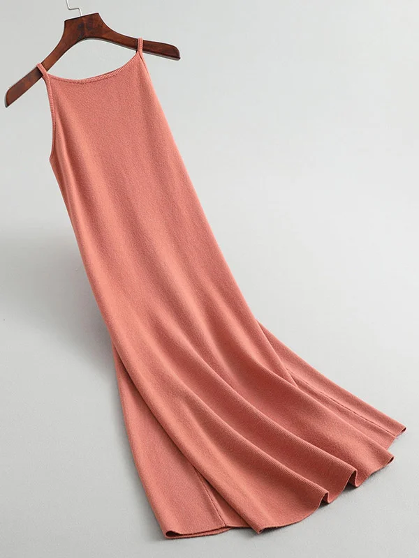 Solid Color Sleeveless Loose Spaghetti-Neck Midi Dresses