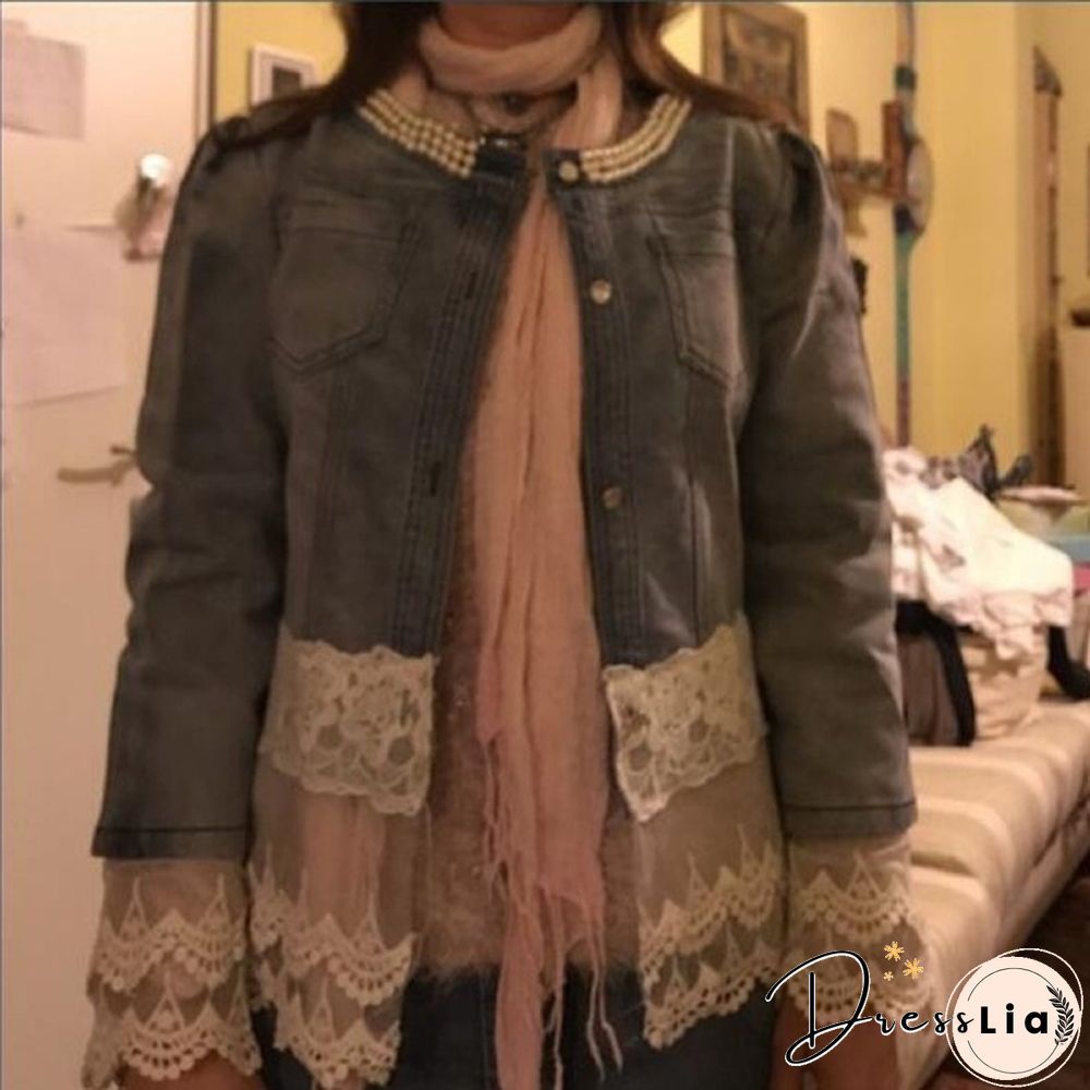 New Women Casual Denim Jacket Pearl Lace Splice Jean Coat Spring Summer Autumn Women Fashion Splice Coat Lace Jacket
