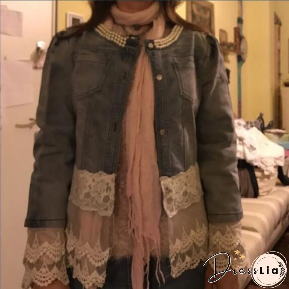 New Women Casual Denim Jacket Pearl Lace Splice Jean Coat Spring Summer Autumn Women Fashion Splice Coat Lace Jacket