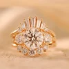 18K Yellow Gold 2.5ct Round Lab Diamond Round Prong Basket Three-stone Engagement Ring with Two Ring Enhancers in Bridal Ring Set Design
