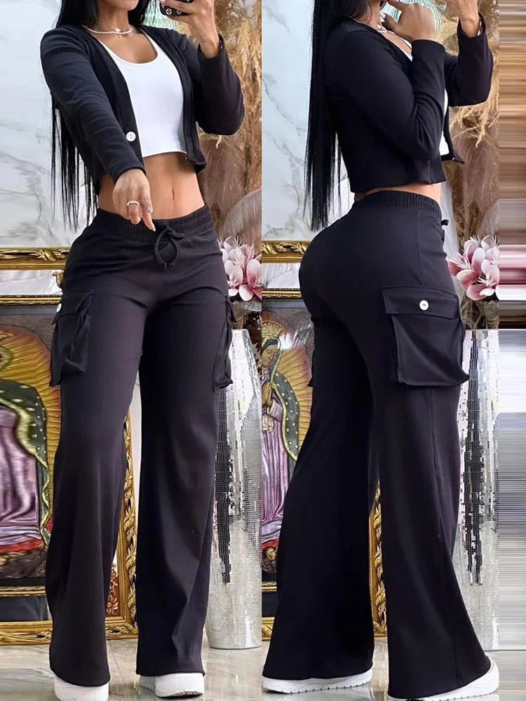 Nncharge Women's Tracksuit 2 Pieces Sets Buttoned Crop Top & Pocket Design Drawstring Pants Set Female new in matching Suit