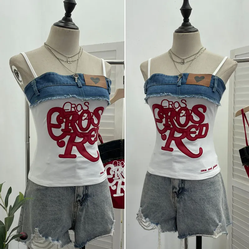 Churchf Design-Sensitive Edge Denim Spliced Letter Embroidered Sling Sling Vest T-Girls Short Top 23098