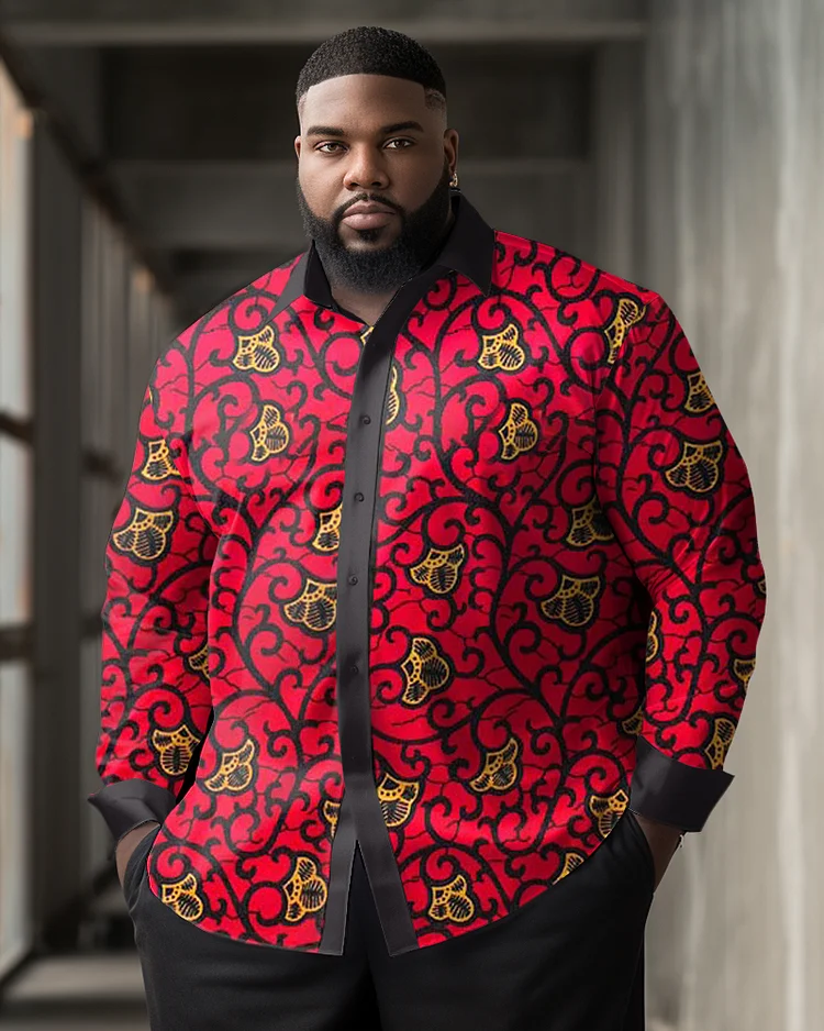 Men's Classic Casual Plus Size Red and Black Pattern Long Sleeve Lapel Shirt