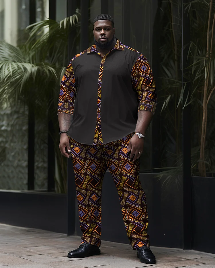 Men's Large Size Colorblock Long Sleeve Lapel Shirt Two-Piece Set