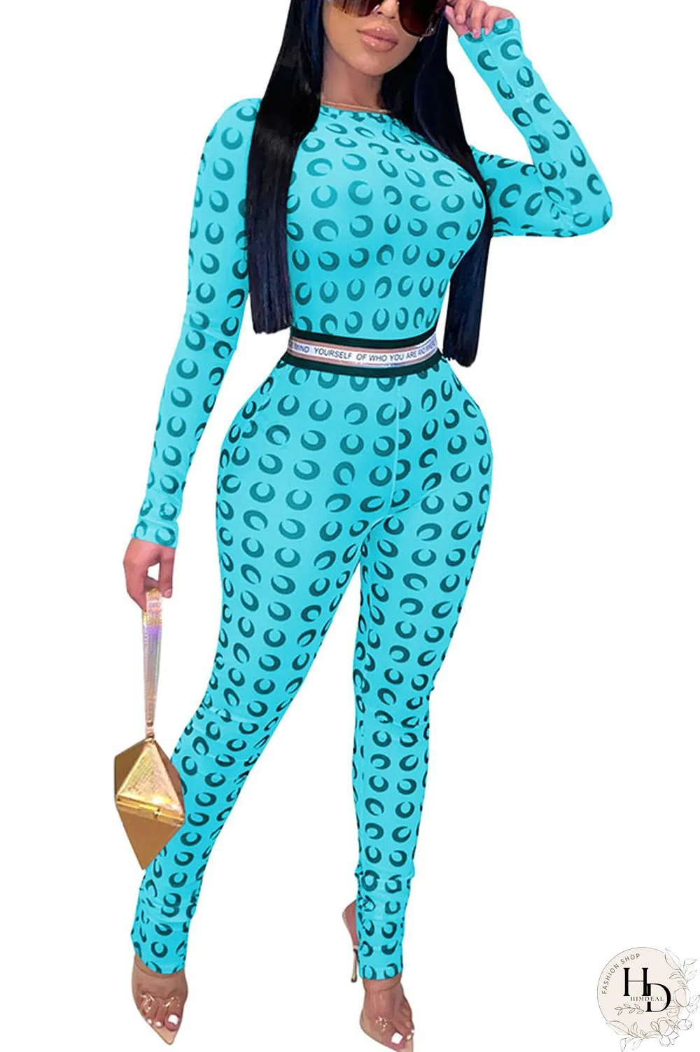 Blue Fashion Sexy Print Long Sleeve O Neck Jumpsuits