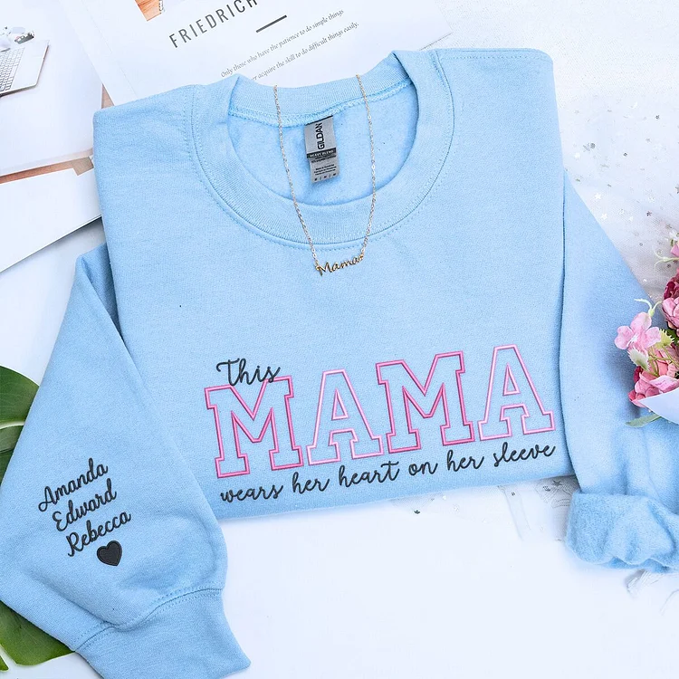TOSCUSTOM™ Custom Personalized Mama Sweatshirt Embroidery Children 's Names on Sleeve