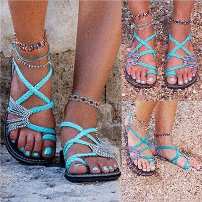 Women Sandals Rope Bohemia Beach Flip Flops Casual Flats Ladies Outdoor Open Toe Flat Sandals Summer 2020 Women's Fashion Shoes