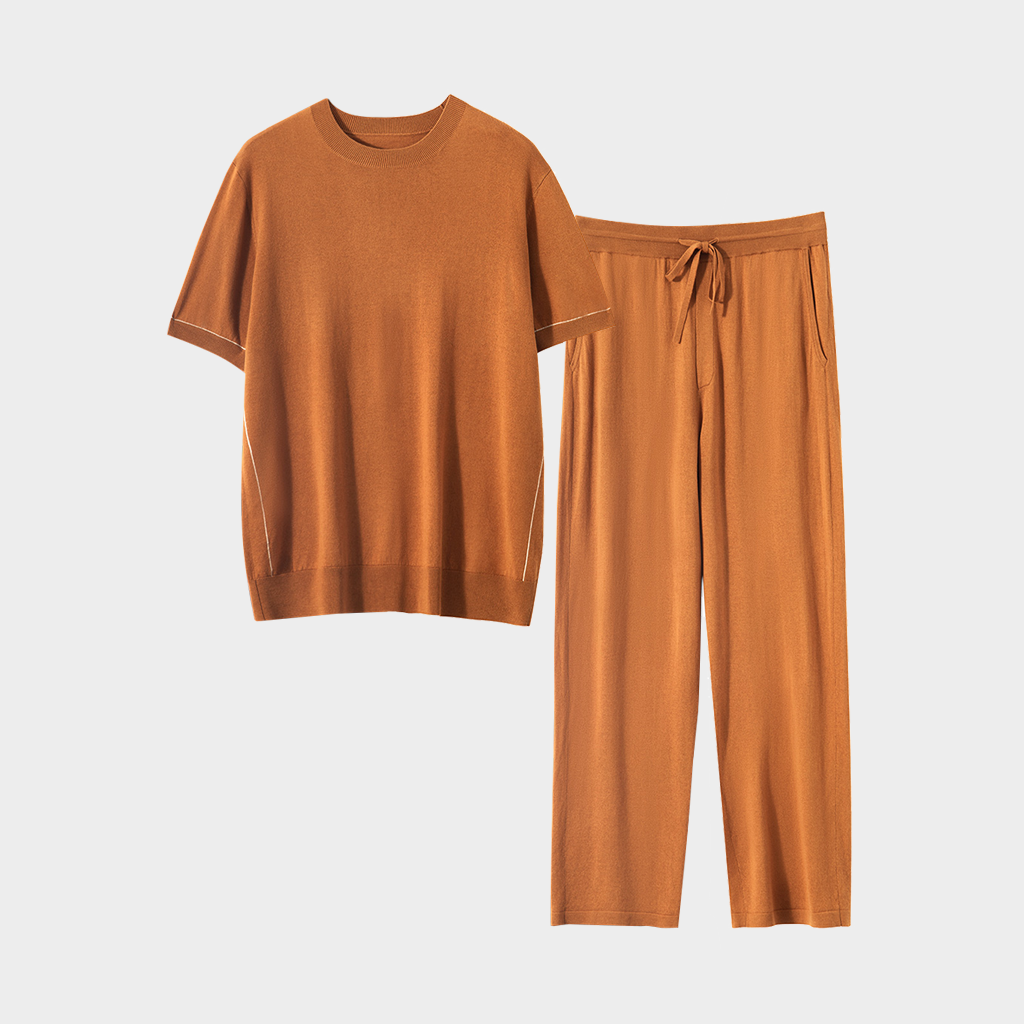 Men's Caramel Cashmere Knitted Crew-Neck Short-Sleeve and Pants Set | Casual Outfit REAL SILK LIFE