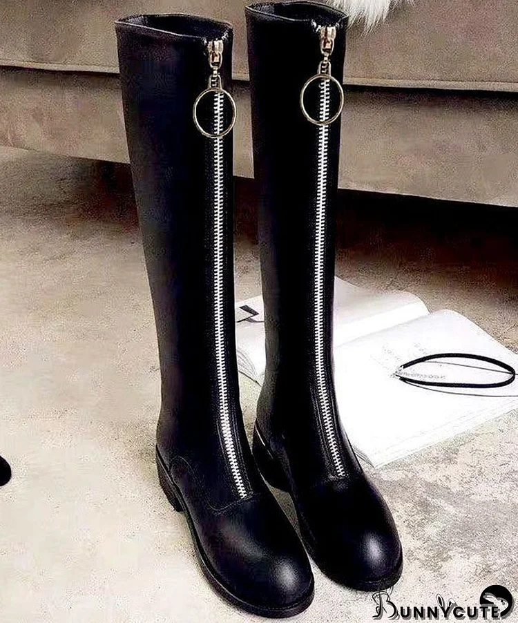 Black Zippered Cowhide Leather Boho Knee boots