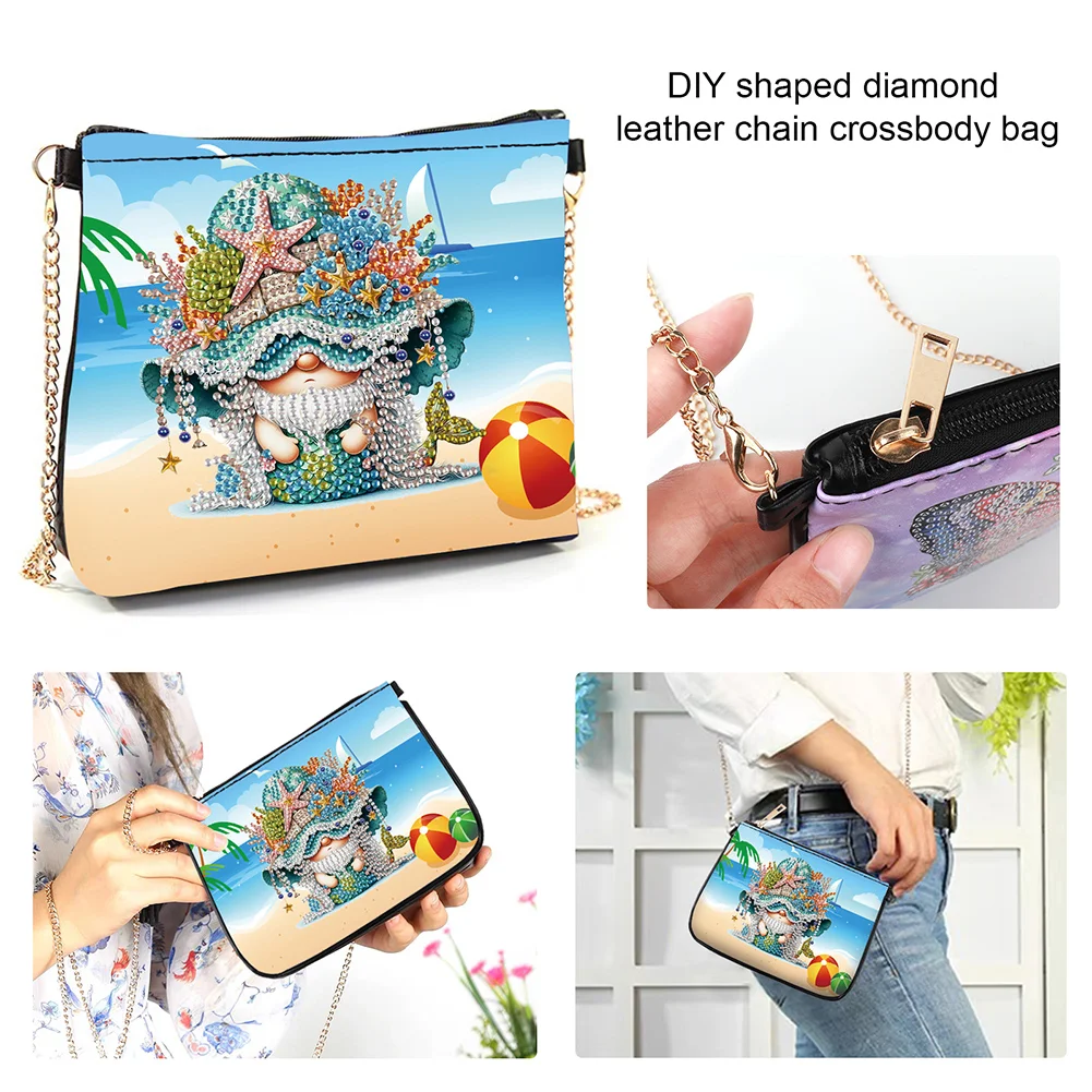 Beach Gnome Diamond Painting Coin Chain Purse 5D DIY Diamond Handmade Chain Bag