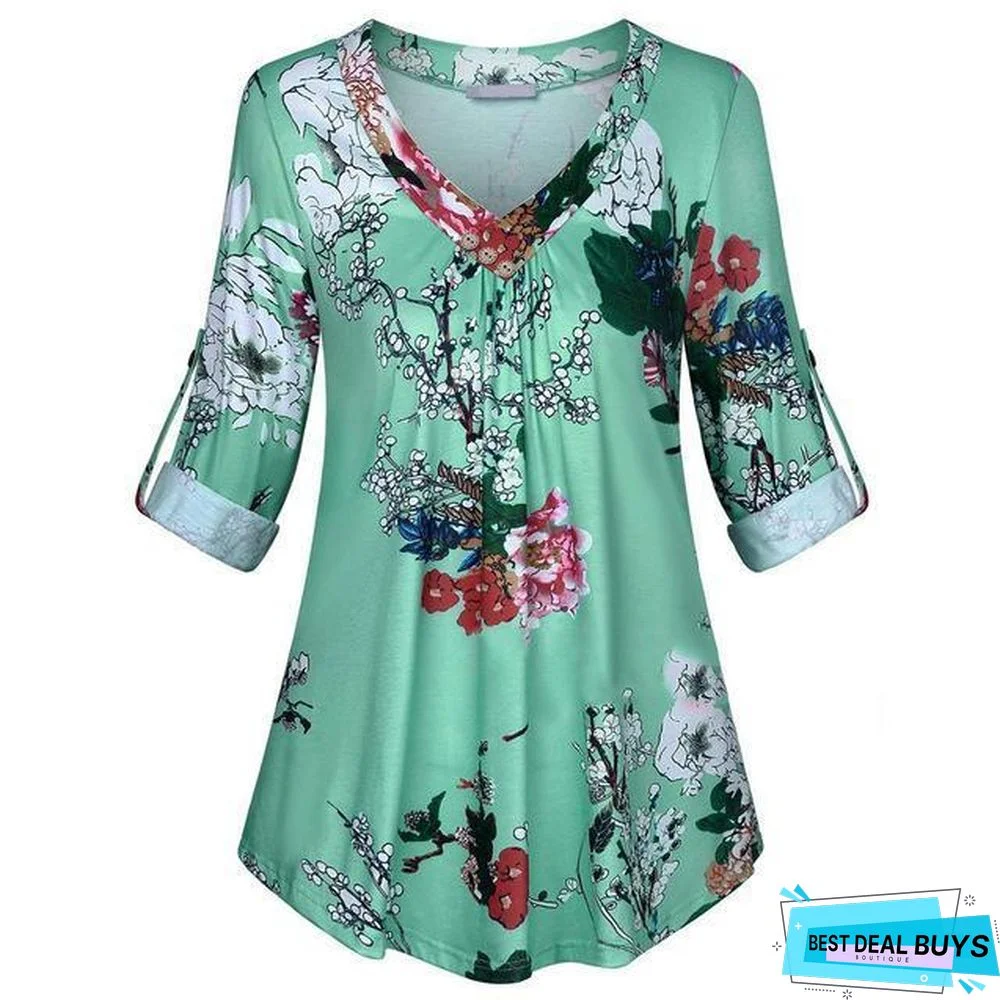Plus Size Women Tunic Shirt Floral Print V-neck Blouses and Tops
