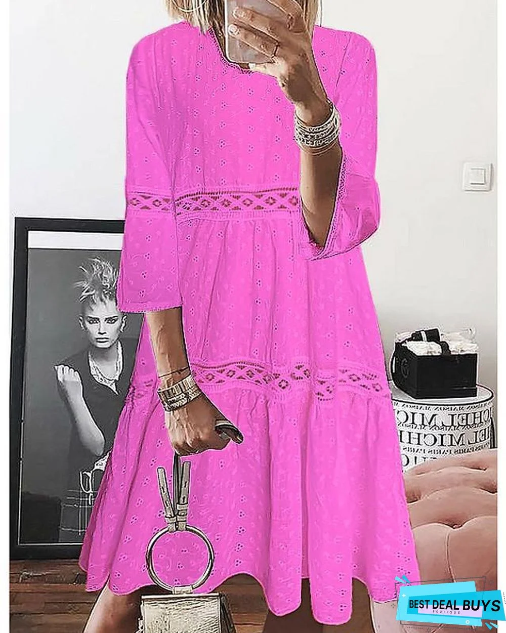 Women's A-Line Dress Short Mini Dress - 3/4 Length Sleeve Eyelet Lace Spring Summer Plus Size Hot Casual White Purple Yellow Light Blue White Dresses